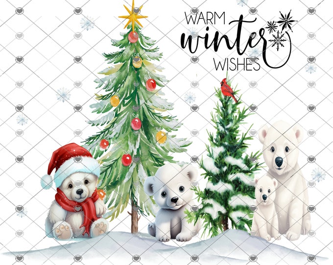 Warm Winter Wishes, Polar Bears, Christmas Trees Digital Download, Shirt Design, Door sign Png, digital download, png file