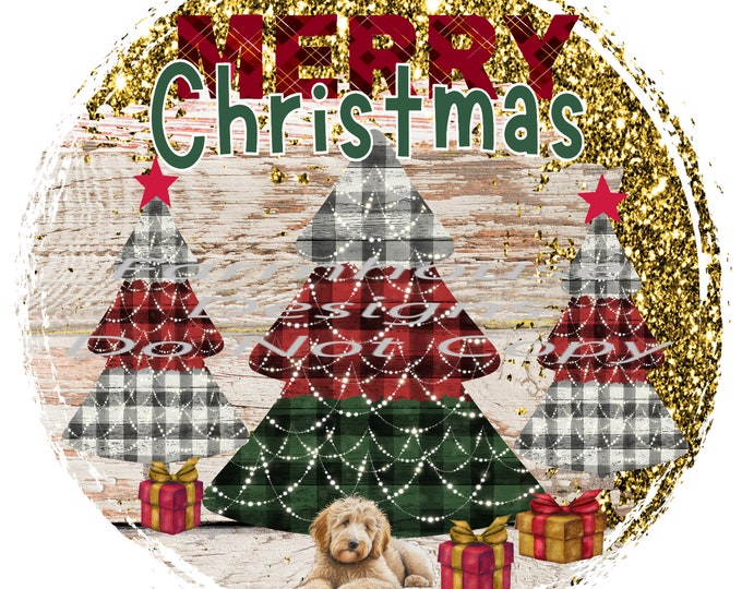 Plaid Christmas Trees, Goldendoodle Dog, Digital Download, Round Design,  Shirt Design, Door sign Png, digital download, png file