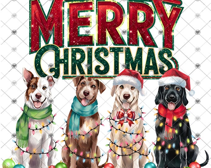 Merry Christmas, Cute dogs with Christmas Lights and ornaments, Christmas Download, Shirt Design, Png, digital download