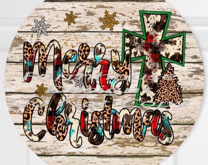 Wreath center, Merry Christmas, western print, cowhide cross, country decor, aluminum wreath center