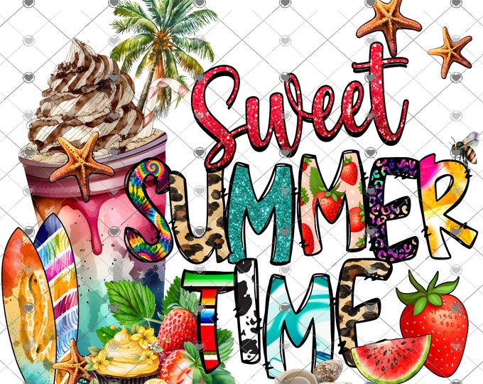 Sweet Summer time, iced coffee, lemon and  watermelon, Summer design, funny shirt design, digital download, Png file