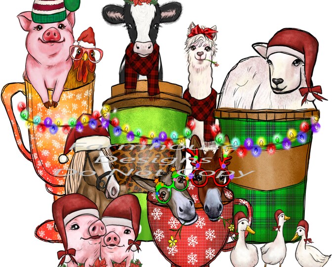 Coffee and Barnyard Animals Christmas design, Digital Download, Shirt Design, Door sign Png, digital download, png file