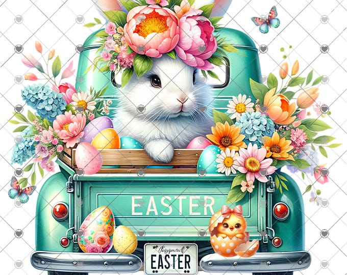 Adorable Baby Bunny in an Aqua Truck and wildflowers Easter, Spring sublimation print, design, png, clipart