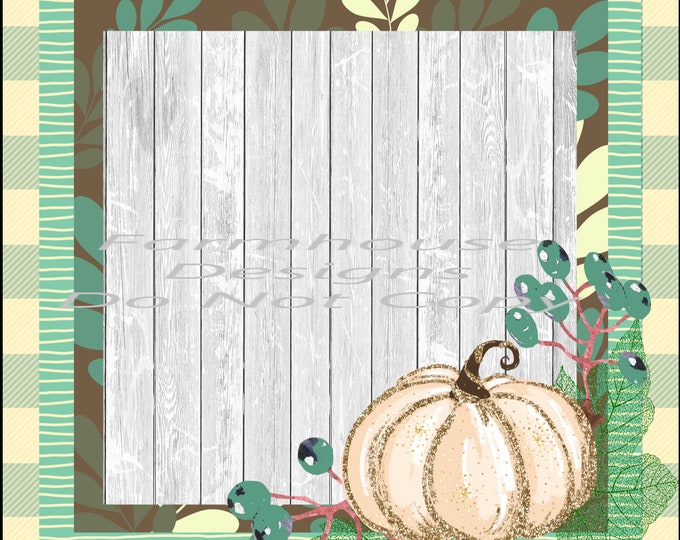 Fall Background design, White glitter pumpkin, soft blue, plaid, leaf pattern and white Barnwood, digital download, png file, fall design