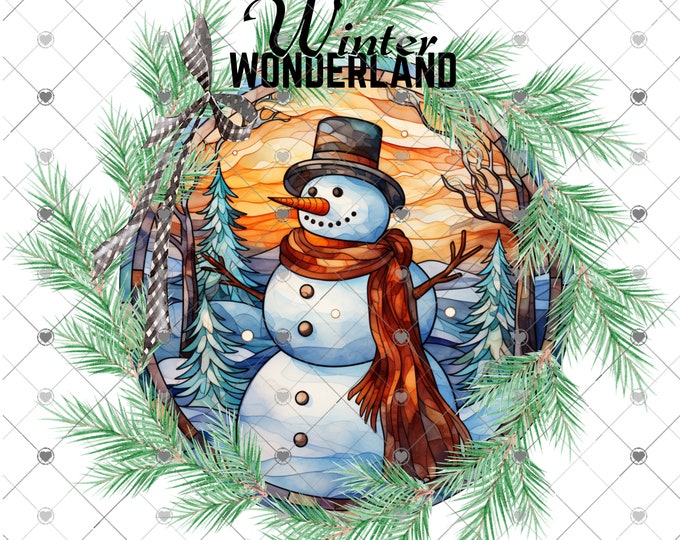 Winter Wonderland, Snowman Faux Stain Glass and pine Design, Digital Download, Png, digital download,round png file, round png