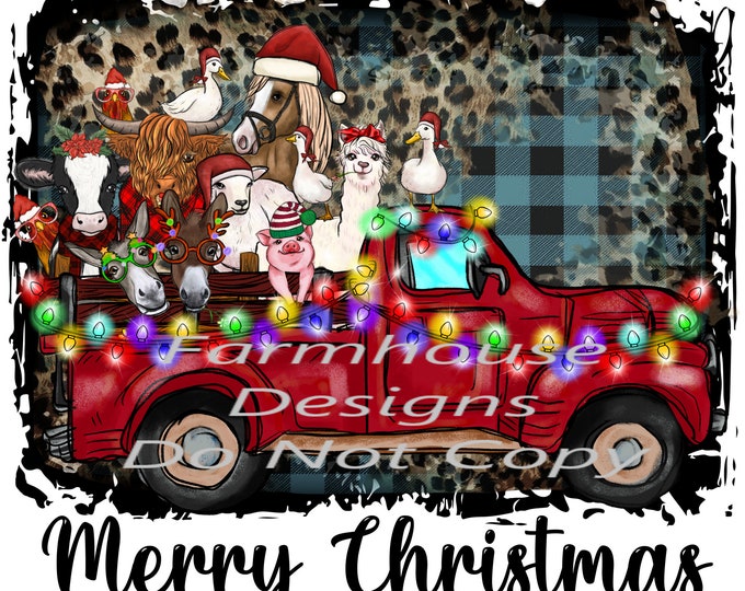 Vintage Red Truck and Barnyard Animals Christmas design, Digital Download, Shirt Design, Door sign Png, digital download, png file