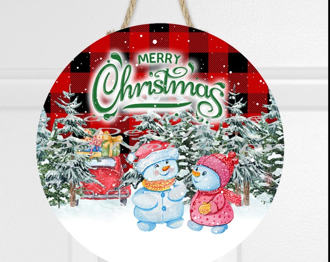 Merry Christmas, snowman, buffalo plaid, red truck, round door wooden decor, sign