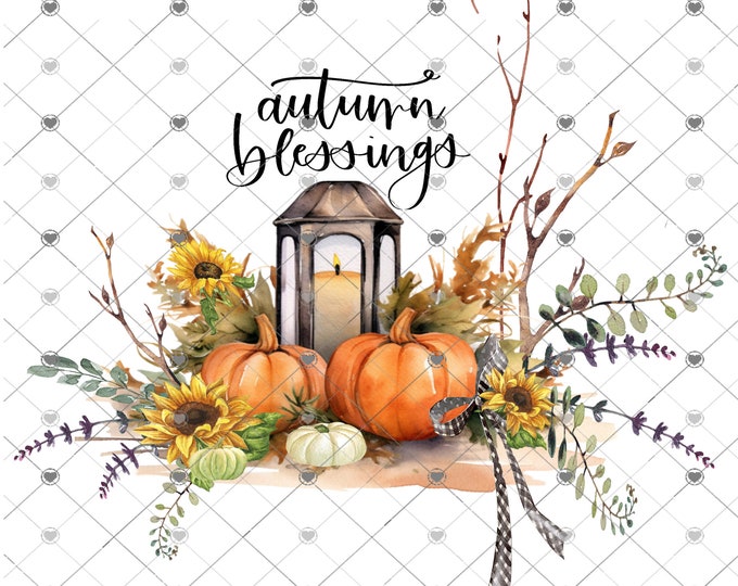 Autumn Blessings, Fall Pumpkin, Lantern and Sunflowers digital download, png file, fall design, shirt design, welcome sign,  png