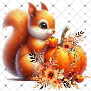 May include: A cute orange squirrel holding a small orange pumpkin with a large orange pumpkin behind it. The pumpkins are surrounded by fall-colored flowers and leaves.