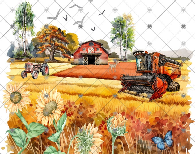 Fall Farm, Barn, Combine, Tractor, colorful Trees, Sunflowers scene, Landscape design, digital download, png file, fall design, round png