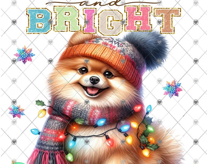 Merry and Bright, Cute Pomeranian with Christmas Lights and ornaments, Christmas Download, Shirt Design, Png, digital download
