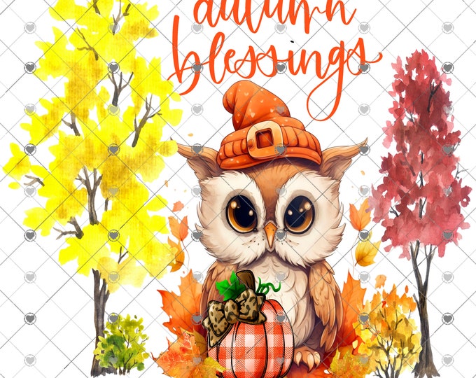 Autumn Blessings, Adorable Owl with Fall Trees Scene digital download, png file, fall design, shirt design, welcome sign,  png