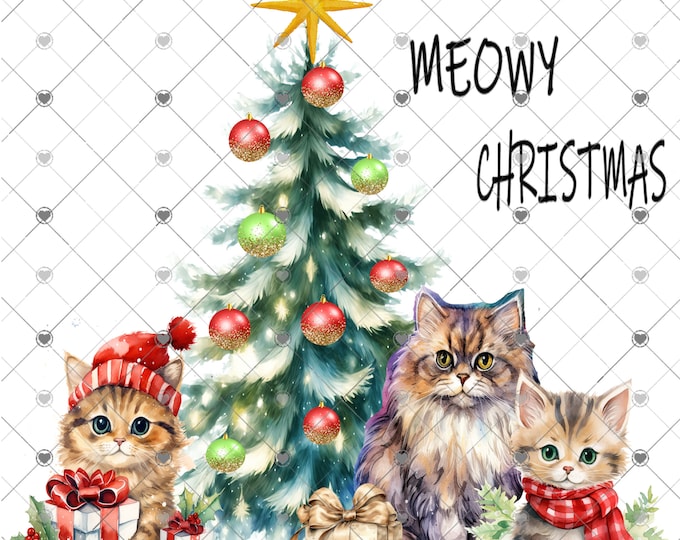 Meowy Christmas, Adorable Kittens around Christmas Tree Download, Shirt Design, Png, digital download, png, sign png