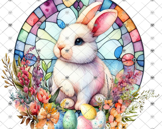 Easter Stained glass adorable bunny with flowers sublimation print, design, Png, digital download