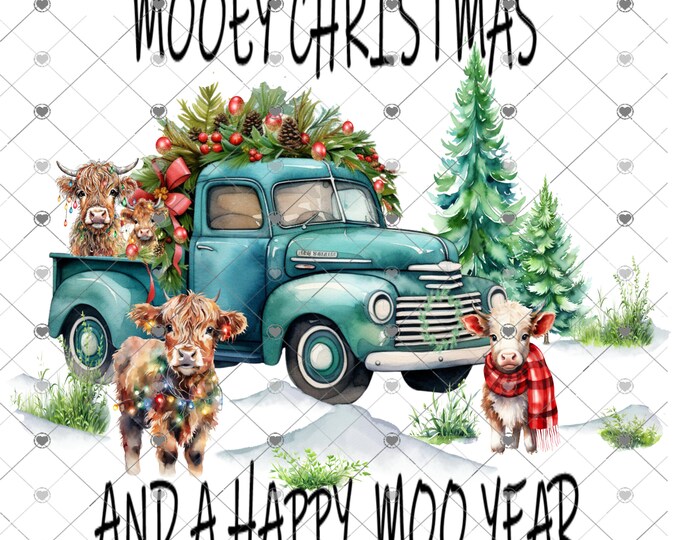 Mooey Christmas and a Happy Moo Year, Highland Cows And Truck, Digital Download, Shirt Design, digital download, png file