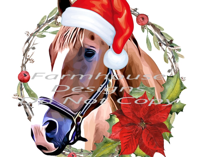 Merry Christmas, Horse with Santa hat and wreath, country  sublimation transfer or White Toner Transfer