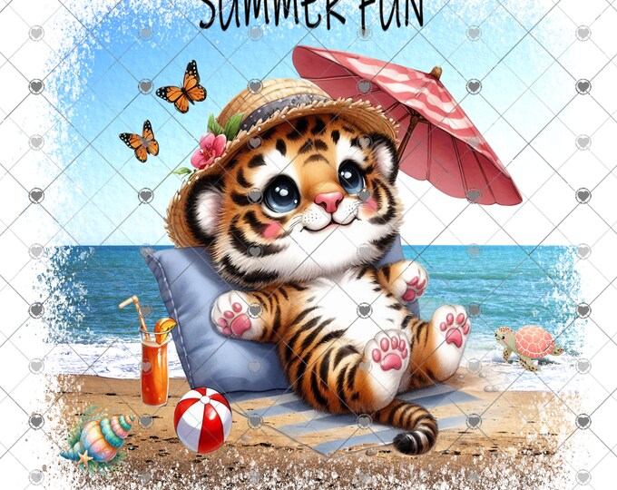 Summer Fun Tiger on the beach shirt design, digital download, Png file