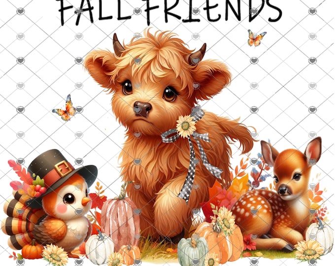 Fall Friends, Highland Cow, Turkey and Deer, Fall design, digital download, png download, shirt design