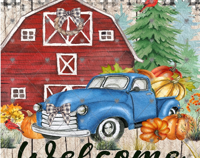 Red Barn scene with vintage truck and pumpkins, fall design, digital download, png file, fall design, fall png