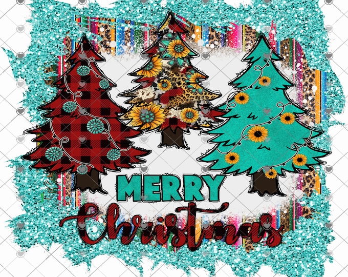 Merry Christmas  Western, animal print, turquoise , serape trees  sublimation transfer or White Toner Transfer