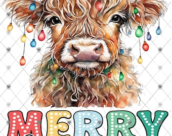 Wesołych Świąt, Highland Cow owinięta w światła Boże Narodzenie Pobierz, Projekt koszulki, Png, pobieranie cyfrowe, png