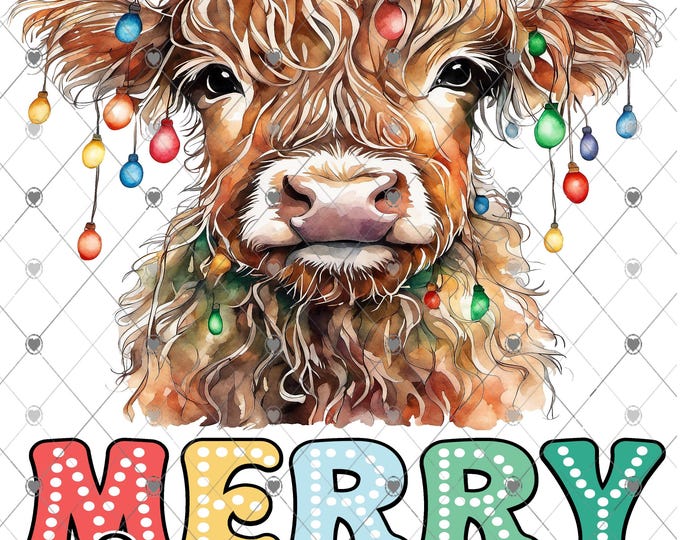 Merry Christmas, Highland Cow Wrapped in lights Christmas Download, Shirt Design, Png, digital download, png