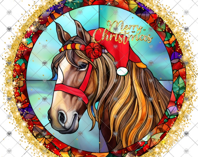 Merry Christmas, Beautiful Horse stained glass( Faux) Digital Download, Shirt Design,Round Door sign Png, digital download, png file