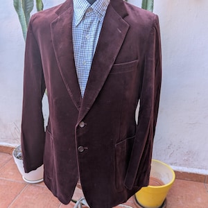 Op de afbeelding: Een donkerbruine fluwelen blazer met inkepingen in de revers, twee knopen aan de voorzijde en twee opgestikte zakken. De blazer wordt gedragen over een lichtblauw en wit overhemd met ruitpatroon en een puntkraag, getoond op een paspop.