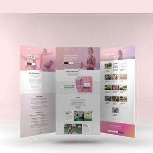 Könnte beinhalten: Dreiteiliges Website-Design mit einem rosa-weißen Farbverlauf im Hintergrund. Die Website zeigt Bilder von Menschen beim Training und Text zur Förderung eines Wellnessprogramms. Das Design der Website ist sauber und modern, mit Fokus auf Gesundheit und Fitness.