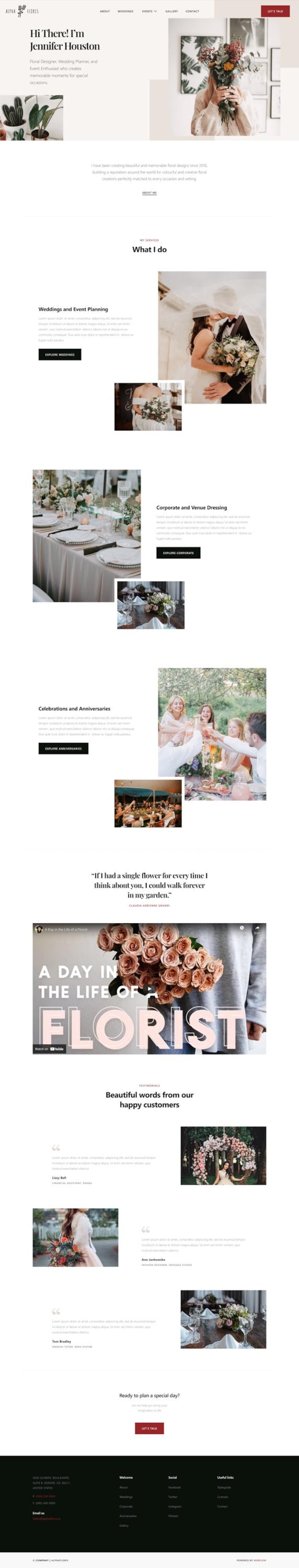 May include: Website homepage for Alpha Flores, a floral design and event planning business. The page features a header with the business name, navigation links, and a call to action. The page includes sections for services, testimonials, and contact information.
