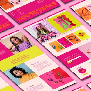 May include: A vibrant pink and yellow website layout featuring the text "HOUSE OF JEFAS". The site showcases jewelry, including necklaces and earrings, with product photos and lifestyle images. The overall design is modern and colorful.