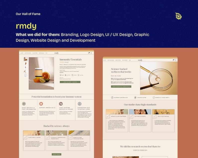 May include: A digital marketing project showcase with the text "rmdy" and the tagline "What we did for them: Branding, Logo Design, UI / UX Design, Graphic Design, Website Design and Development." The image includes website mockups with product photos.