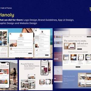 May include: A digital marketing presentation with the title "Planoly" and the text "What we did for them: Logo Design, Brand Guidelines, App UI Design, Graphic Design and Website Design." The presentation includes website and app design examples.