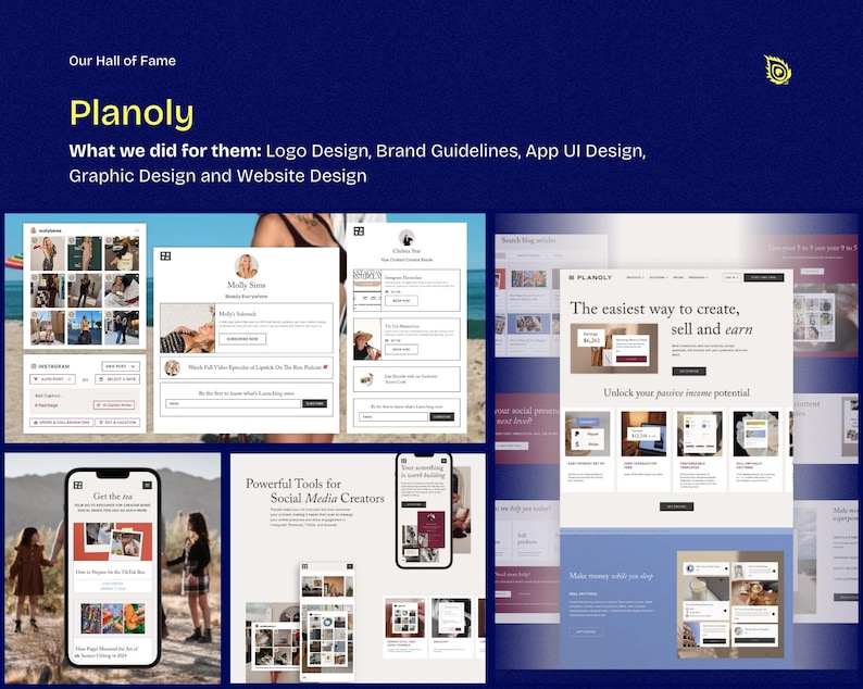 May include: A digital marketing presentation with the title "Planoly" and the text "What we did for them: Logo Design, Brand Guidelines, App UI Design, Graphic Design and Website Design." The presentation includes website and app design examples.