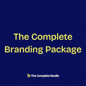 Puede incluir: Un fondo azul con texto amarillo que dice "The Complete Branding Package" y un pequeño logotipo en la parte inferior que dice "The Complete Studio".