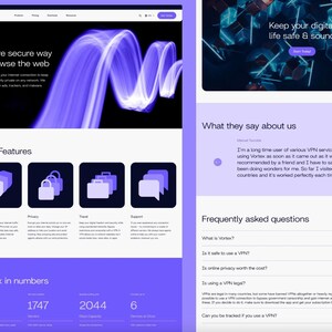 May include: A website design for Vortex, a VPN service, featuring a purple and white color scheme. The design includes the text "A more secure way to browse the web" and icons representing security, privacy, travel, and support.