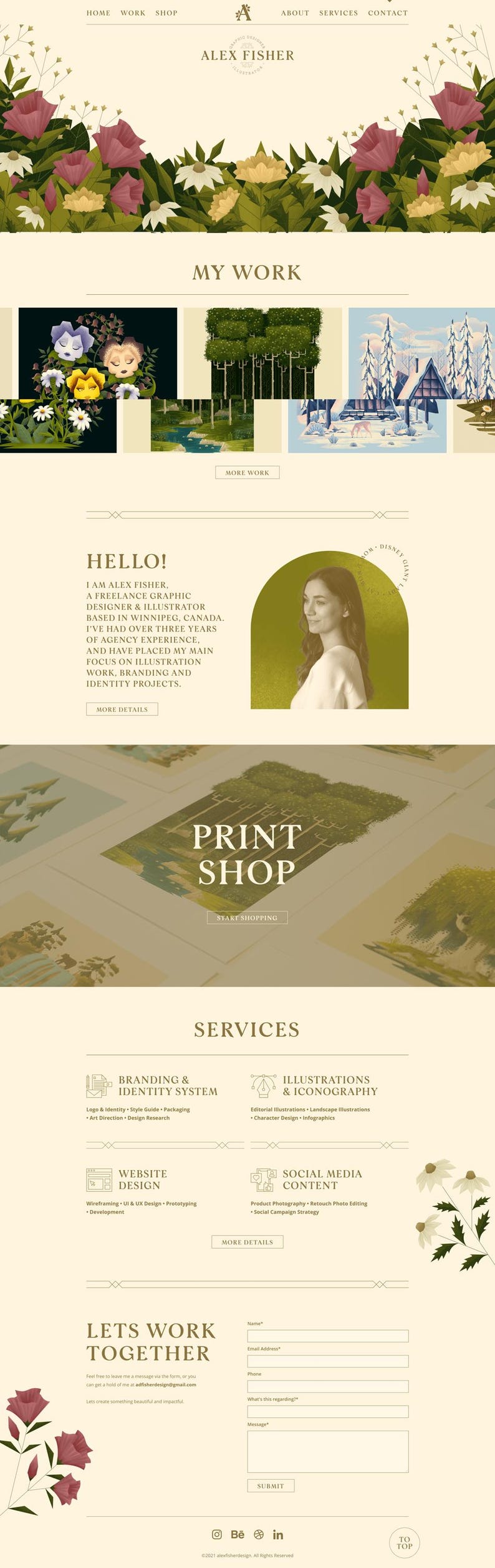May include: Website design featuring illustrations and branding services. The page includes a print shop section, a contact form, and a portfolio of work. The design uses a soft color palette with floral accents and the text "ALEX FISHER".