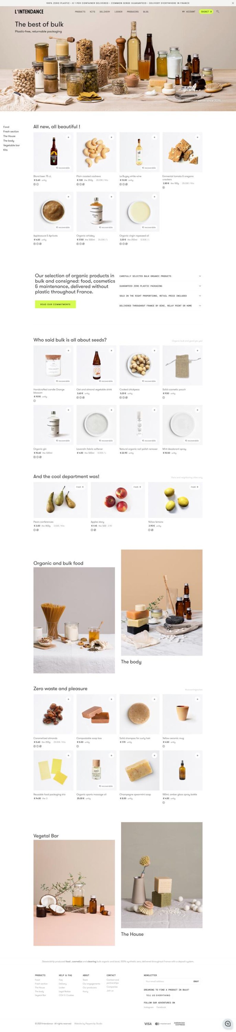 May include: A promotional image for L'Intendance, showcasing a variety of organic and bulk products. The image features glass jars filled with grains, nuts, and liquids, alongside other items like soaps and cosmetics. The text reads "The best of bulk".
