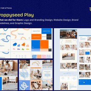 May include: A presentation board for Poppyseed Play, showcasing logo and branding design, website design, brand guidelines, and graphic design. The design includes a color palette, icons, and patterns, with website screenshots and product photos.
