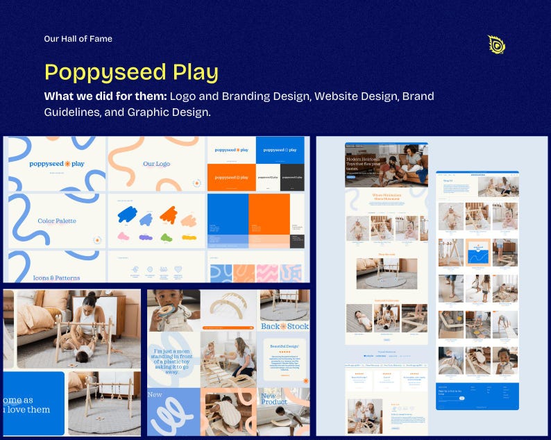 May include: A presentation board for Poppyseed Play, showcasing logo and branding design, website design, brand guidelines, and graphic design. The design includes a color palette, icons, and patterns, with website screenshots and product photos.