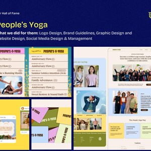 May include: A digital marketing presentation for People's Yoga, featuring logo design, brand guidelines, and website design. The image showcases various design elements, including social media layouts, event schedules, and website mockups, all in a cohesive style.