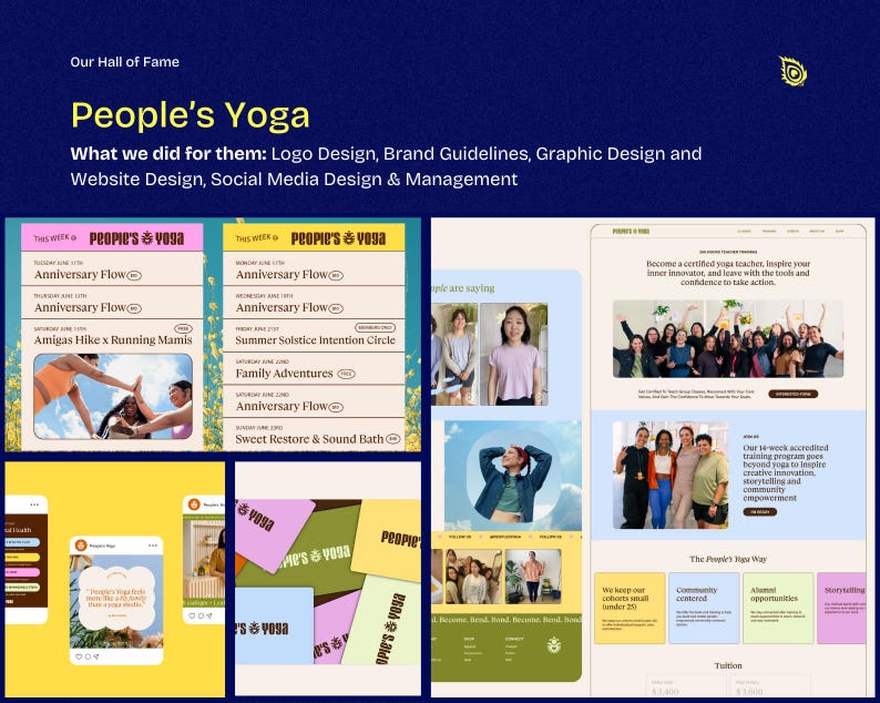 May include: A digital marketing presentation for People's Yoga, featuring logo design, brand guidelines, and website design. The image showcases various design elements, including social media layouts, event schedules, and website mockups, all in a cohesive style.
