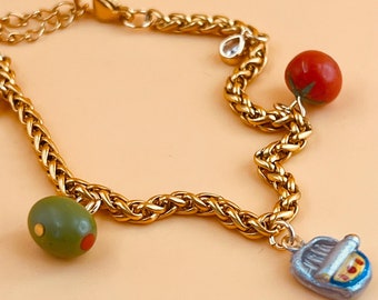 European Inspired Charm Bracelet  | Food Charm | Olive Charm | Italian Gift | Sardine Charm | Unique Gift Idea | Tomato Charm | Fisherman