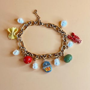 Italian Inspired Charm Bracelet | Food Charm | Olive Charm | Sardine Charm | Unique Gift Idea | Tomato Charm | Fisherman | Chunky Chain