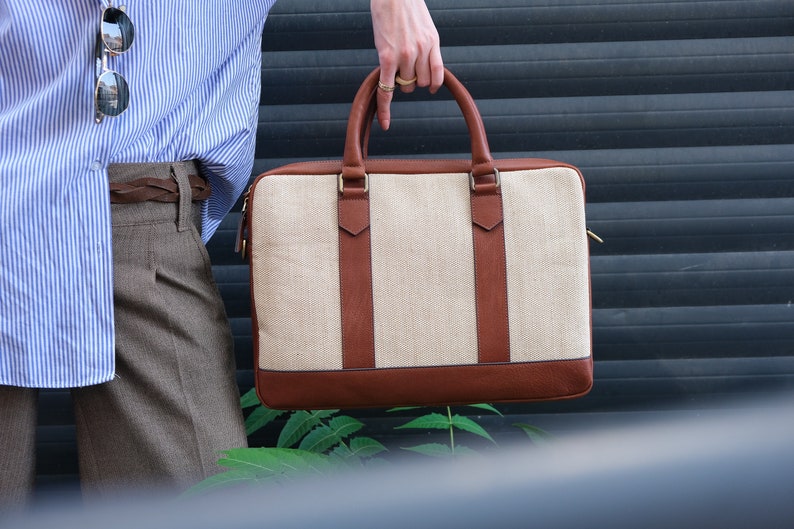 Leather 16 Laptop Canvas Briefcase Bag, Top Handle Bag, Anniversary