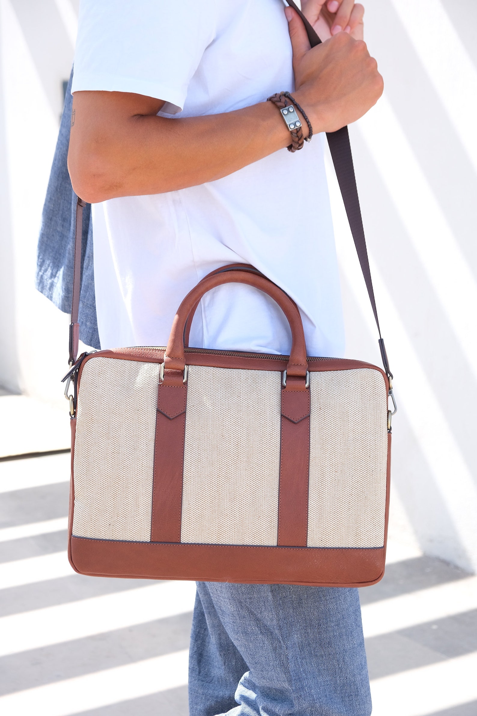 Leather 16 Laptop Canvas Briefcase Bag, Top Handle Bag, Anniversary