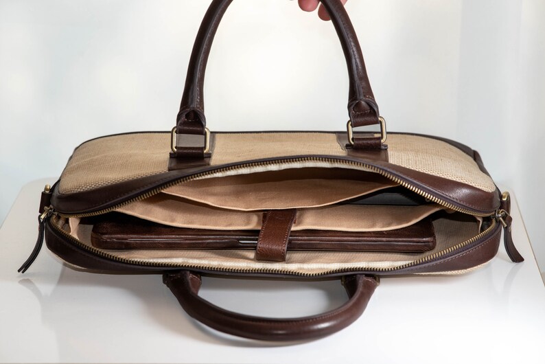 Leather 16 Laptop Canvas Briefcase Bag Top Handle Bag Etsy
