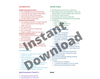 May include: A white paper with black text detailing precautions for hip replacement, shoulder surgery, knee replacement, and spinal procedures. Includes weight-bearing, anterior, and posterior hip precautions, and sternal precautions.