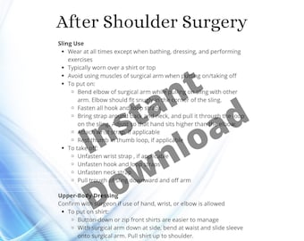 May include: Instructions for wearing a sling after shoulder surgery. The text describes how to put on and take off the sling, as well as how to dress with a sling.