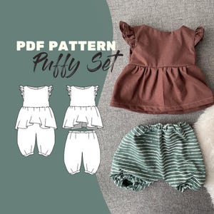May include: A brown ruffled top and green striped shorts are displayed next to a PDF pattern for a "Puffy Set." The pattern shows a top and pants set. The clothing is on a grey surface.